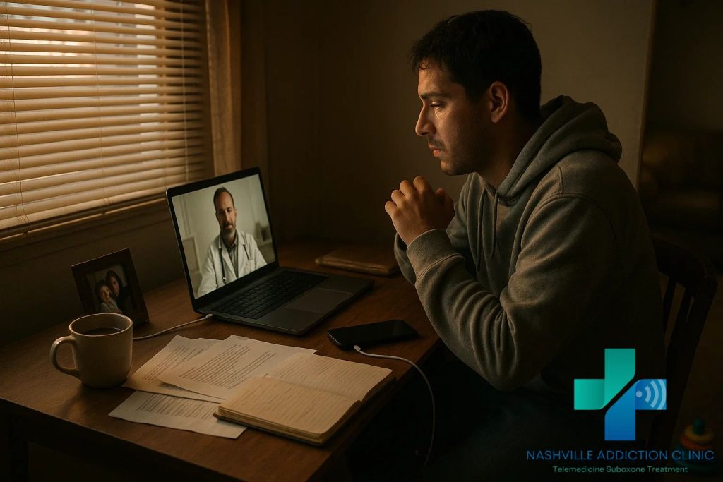 Working parent in a cozy home office on a telehealth call for Suboxone treatment to quit kratom, with family photo, papers, and child’s toy nearby.
