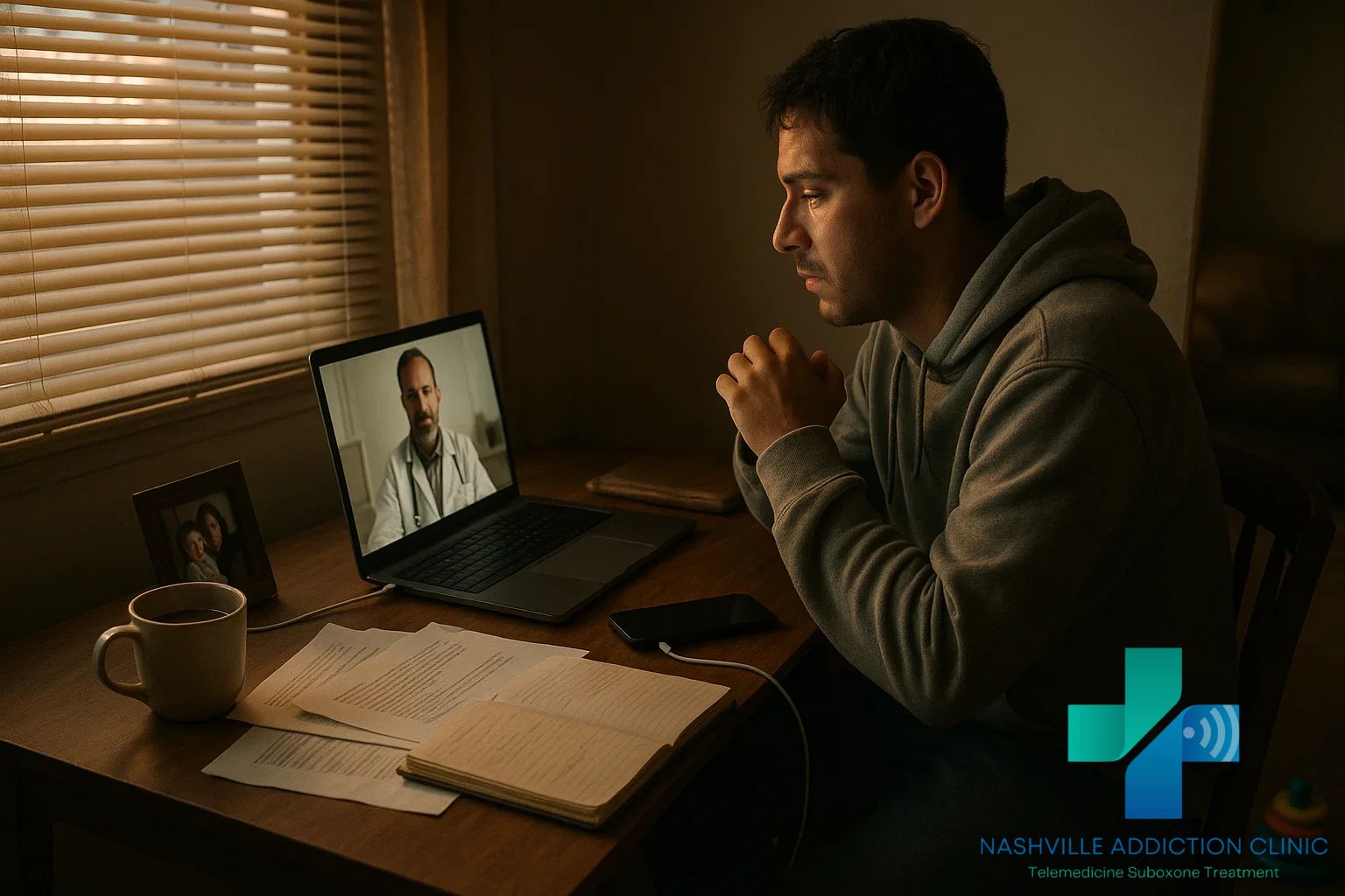 Working parent in a cozy home office on a telehealth call for Suboxone treatment to quit kratom, with family photo, papers, and child’s toy nearby.