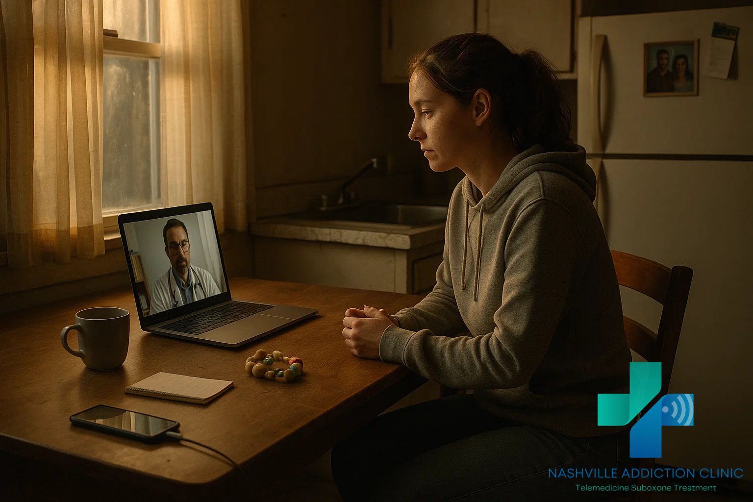 Woman in a cozy kitchen during a telehealth session, with a coffee mug and child’s toy nearby, representing her effort to stop kratom addiction and achieve lasting recovery.