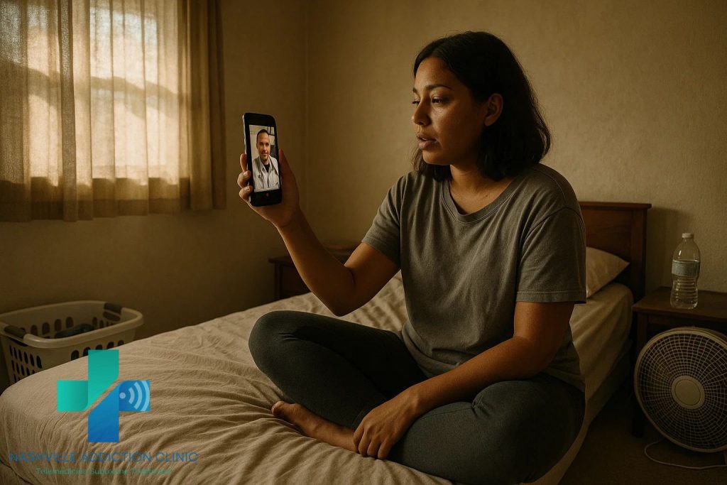Woman sitting cross-legged on an unmade bed during a Suboxone telehealth session, with a laundry basket and nightstand nearby.