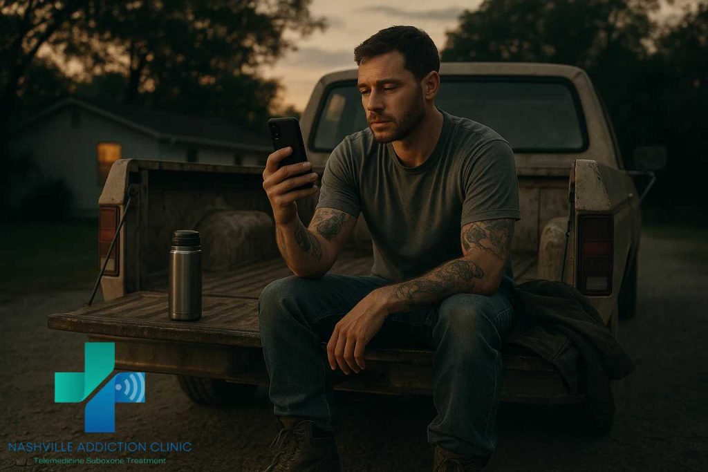Tattooed Tennessee man on pickup truck at sunset, holding cellphone during telehealth call, contemplating if kratom is addictive.