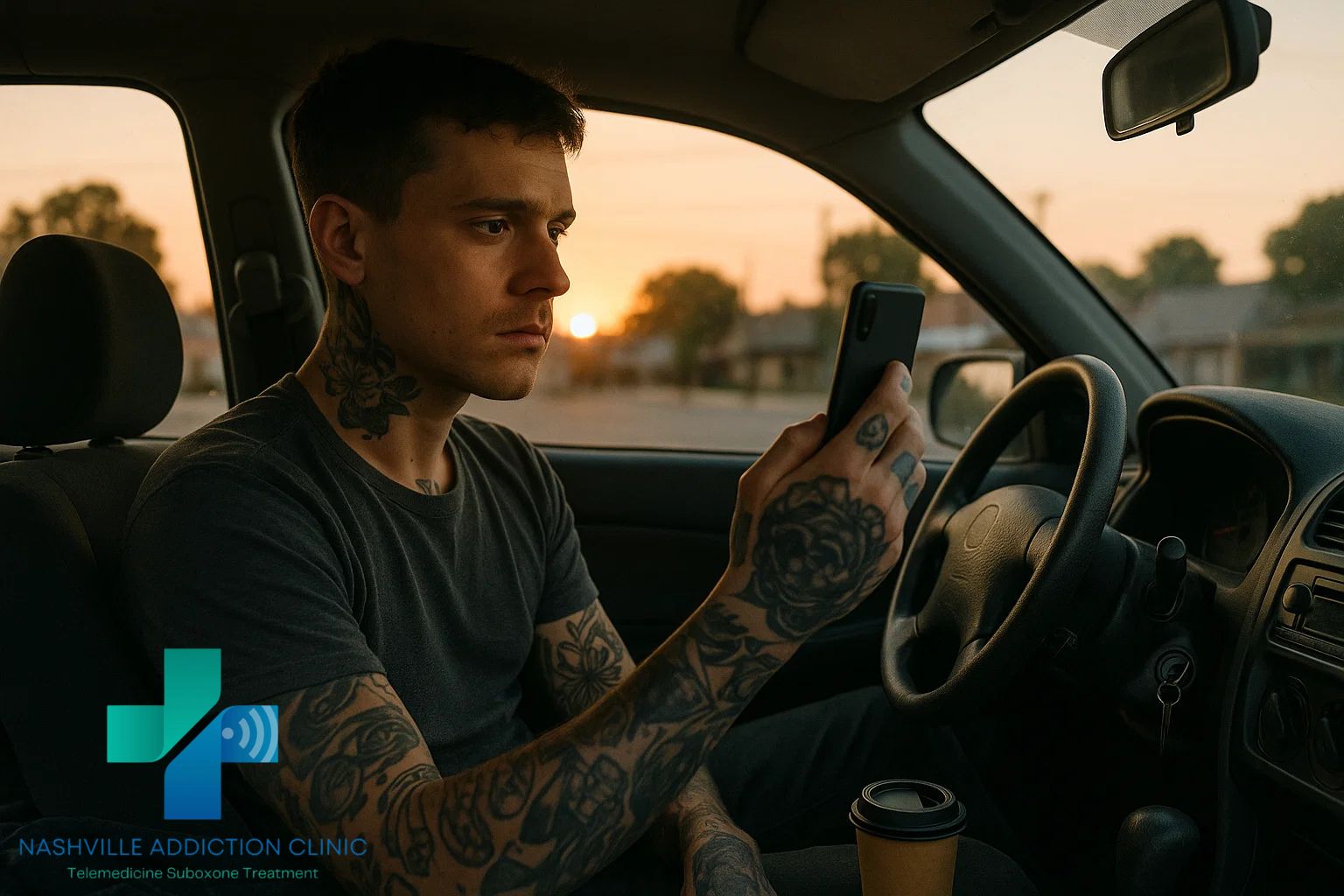 Tattooed young man in parked car at sunset using smartphone for telehealth appointment, symbolizing resilience and Kratom 7-OH recovery in Tennessee.