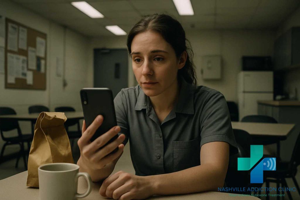 Woman in a workplace break room attending a telehealth Suboxone appointment for kratom abuse treatment in Tennessee, showing hope and resilience.