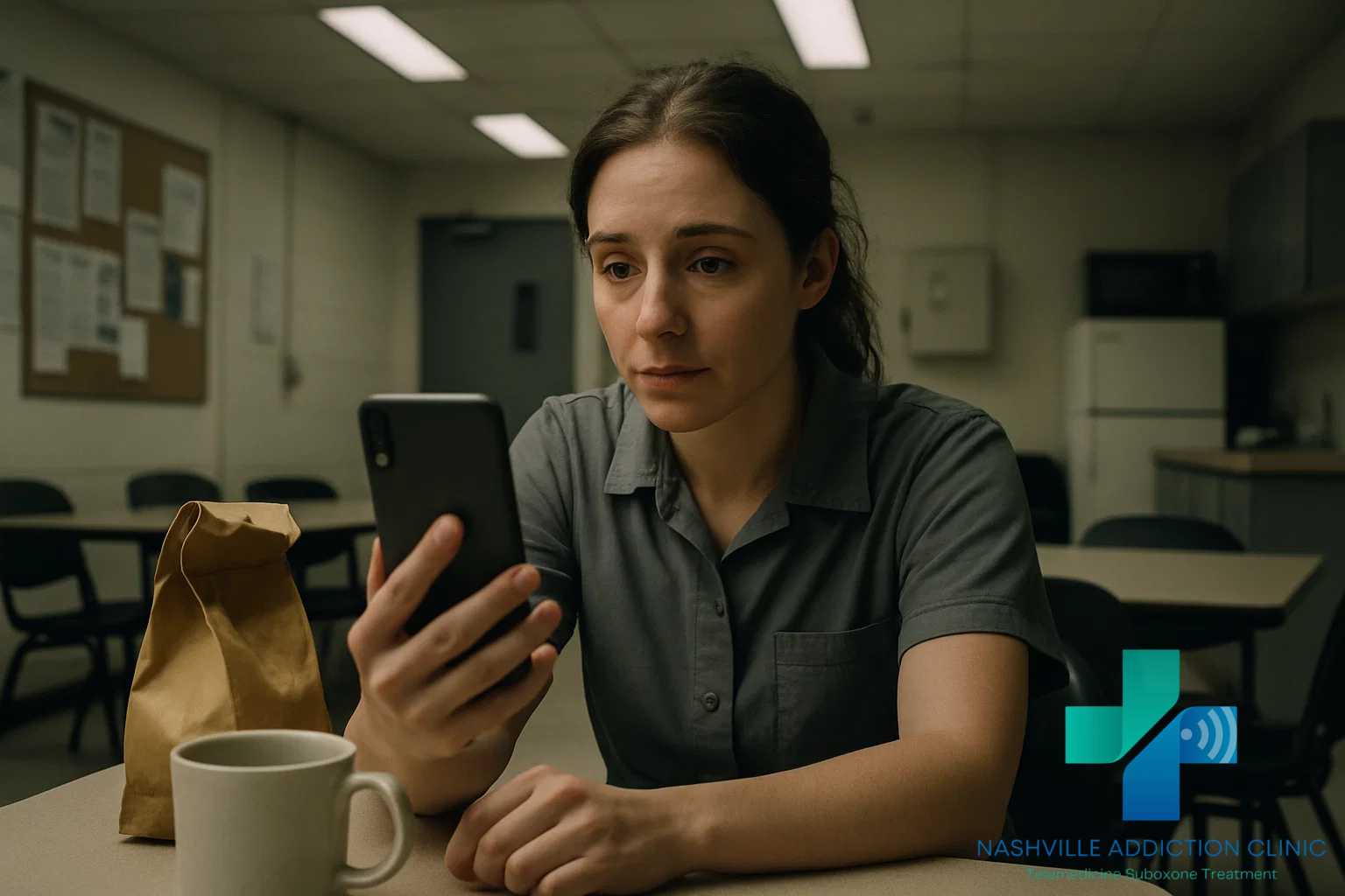 Woman in a workplace break room attending a telehealth Suboxone appointment for kratom abuse treatment in Tennessee, showing hope and resilience.