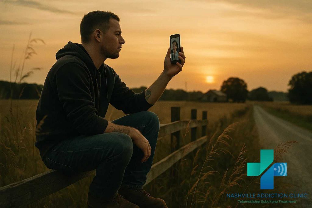 Young man in a Tennessee field on a telehealth call, receiving virtual Suboxone care for kratom addiction recovery.