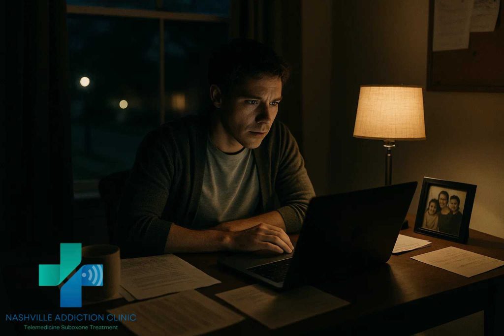 Late-20s adult in Tennessee using telehealth at night for kratom addiction treatment, surrounded by warm home office details.