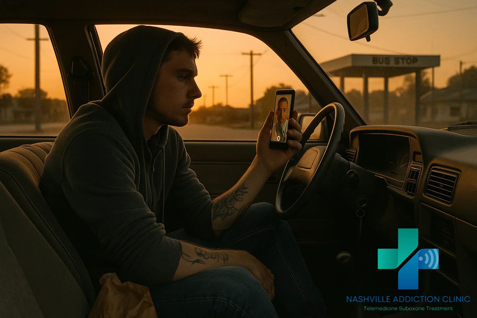 Young man with tattoos in parked car at sunset attending telehealth appointment for kratom dependence treatment in Tennessee.
