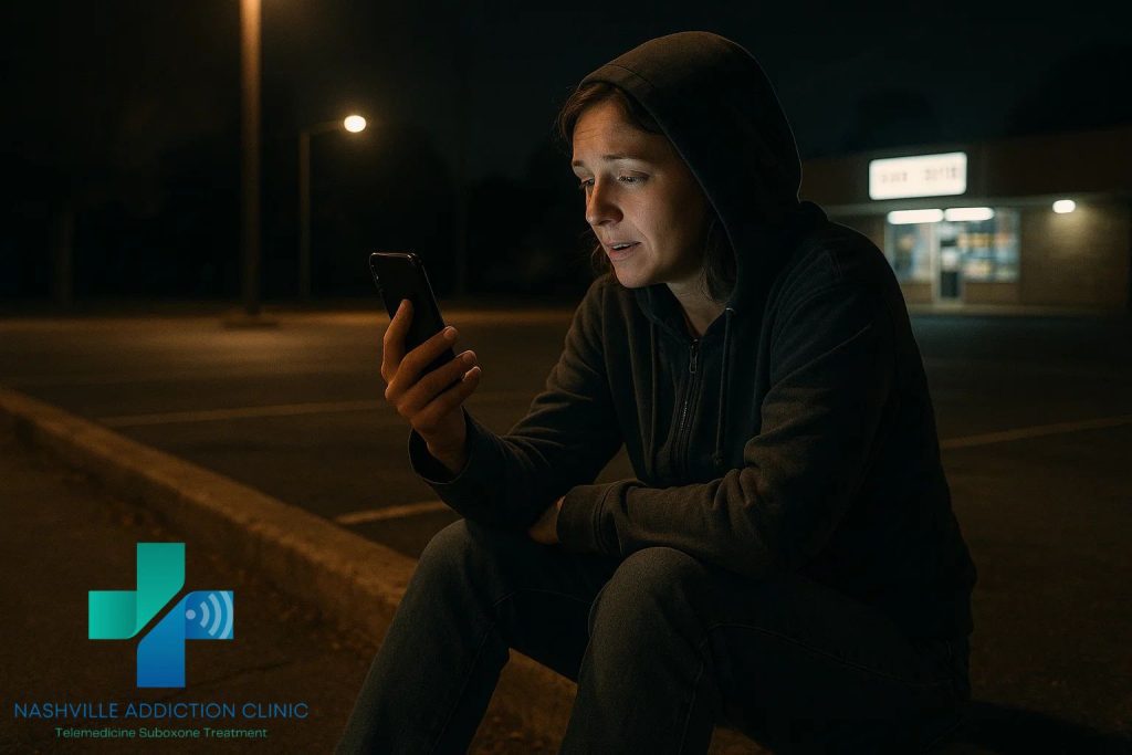 Woman in Tennessee using her smartphone for a nighttime kratom rehab telehealth session, lit by phone glow and a streetlight.