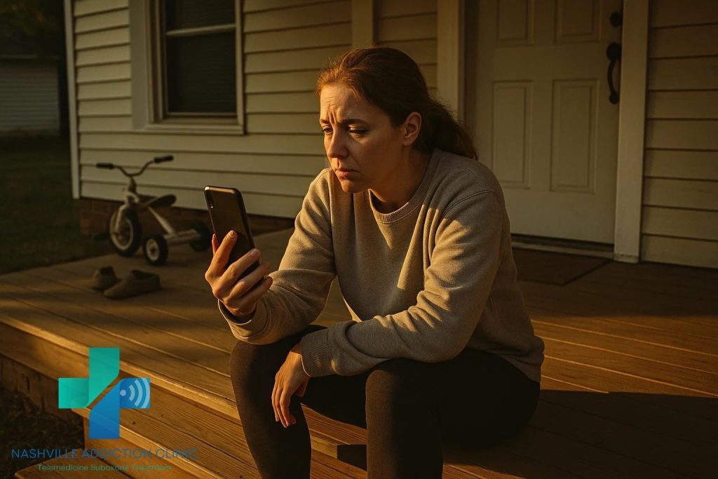 Tennessee mother on her porch during a telehealth call, with a child’s tricycle nearby, symbolizing family life and recovery from kratom side effects.