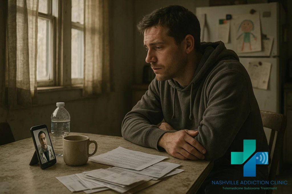 Man in Tennessee at kitchen table during virtual telehealth appointment for kratom withdrawal, with bills, water bottle, and child’s drawing nearby.