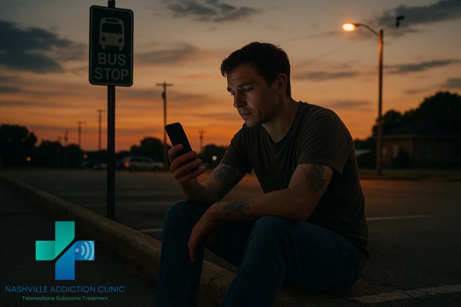 Man at Tennessee bus stop during sunset on telehealth call for kratom withdrawal remedies, showing hope through virtual care.