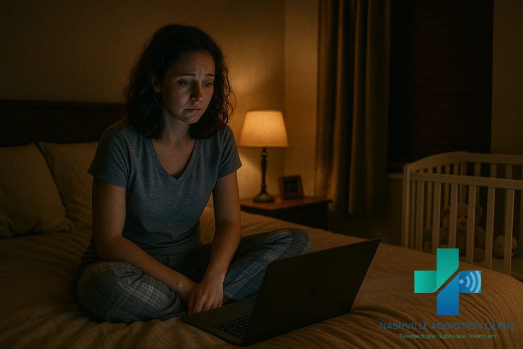 Single mother in Tennessee on a nighttime telehealth call for kratom withdrawal timeline, with a crib nearby symbolizing hope and responsibility.