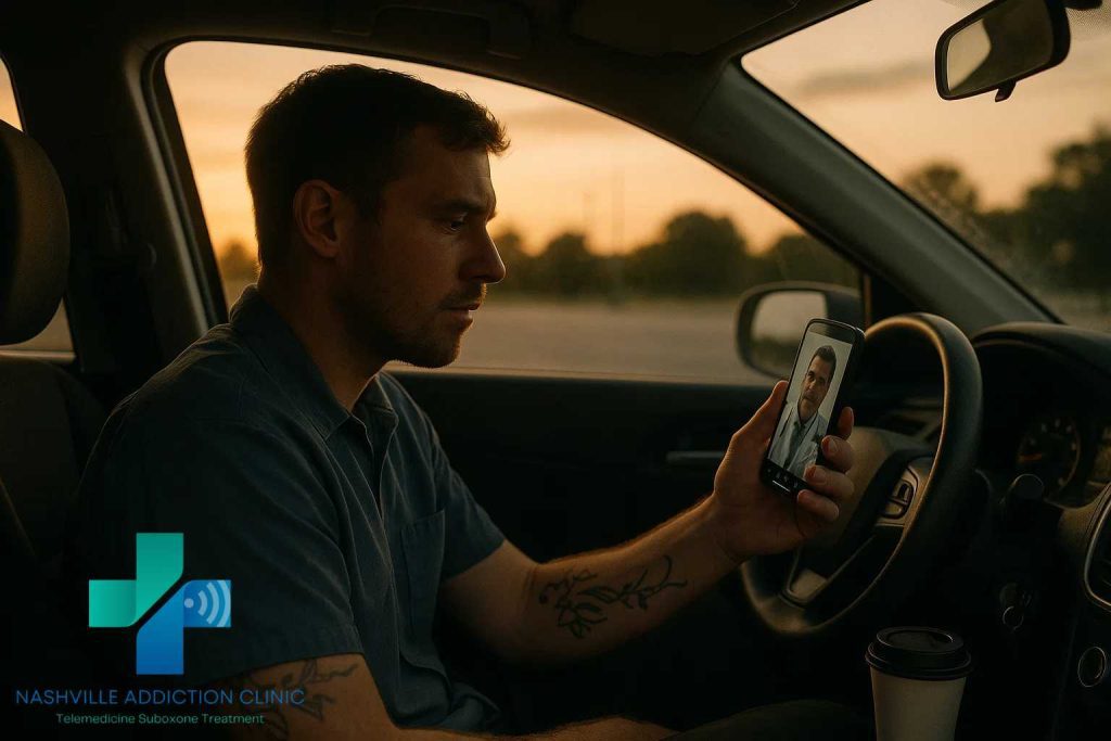 Young man in his car at sunset on a telehealth call for kratom withdrawal treatment in Tennessee, with hoodie, tattoos, and a coffee cup symbolizing real-life recovery.