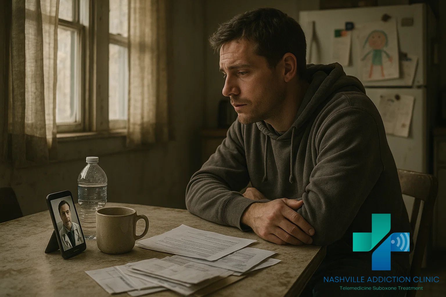 Man in Tennessee at kitchen table during virtual telehealth appointment for kratom withdrawal, with bills, water bottle, and child’s drawing nearby.