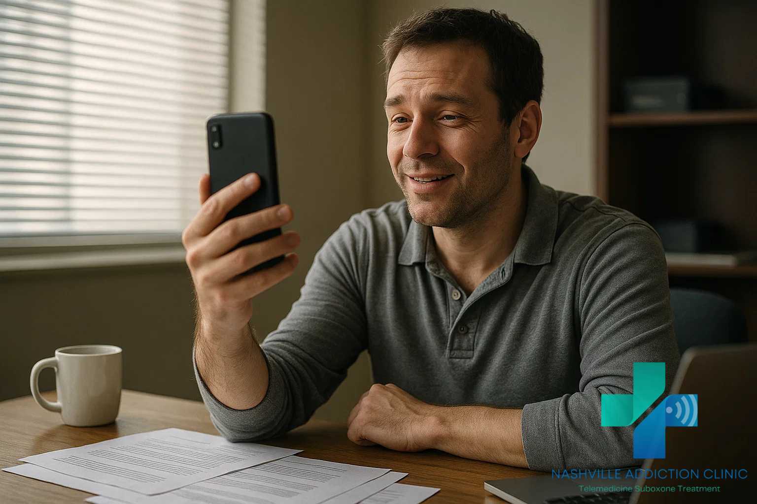 Working man in office on telehealth call, representing low cost addiction treatment in Tennessee with Nashville Addiction Clinic.