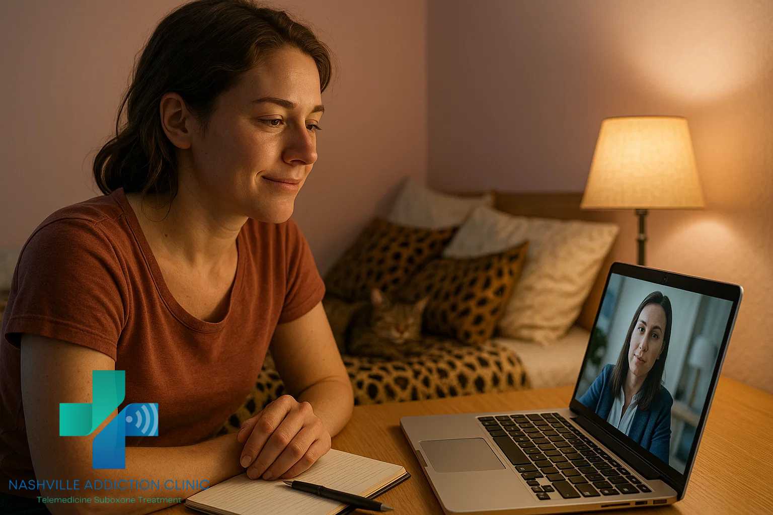 Young woman on laptop in bedroom during telehealth Suboxone appointment, symbolizing Medicaid covered addiction treatment in Tennessee.