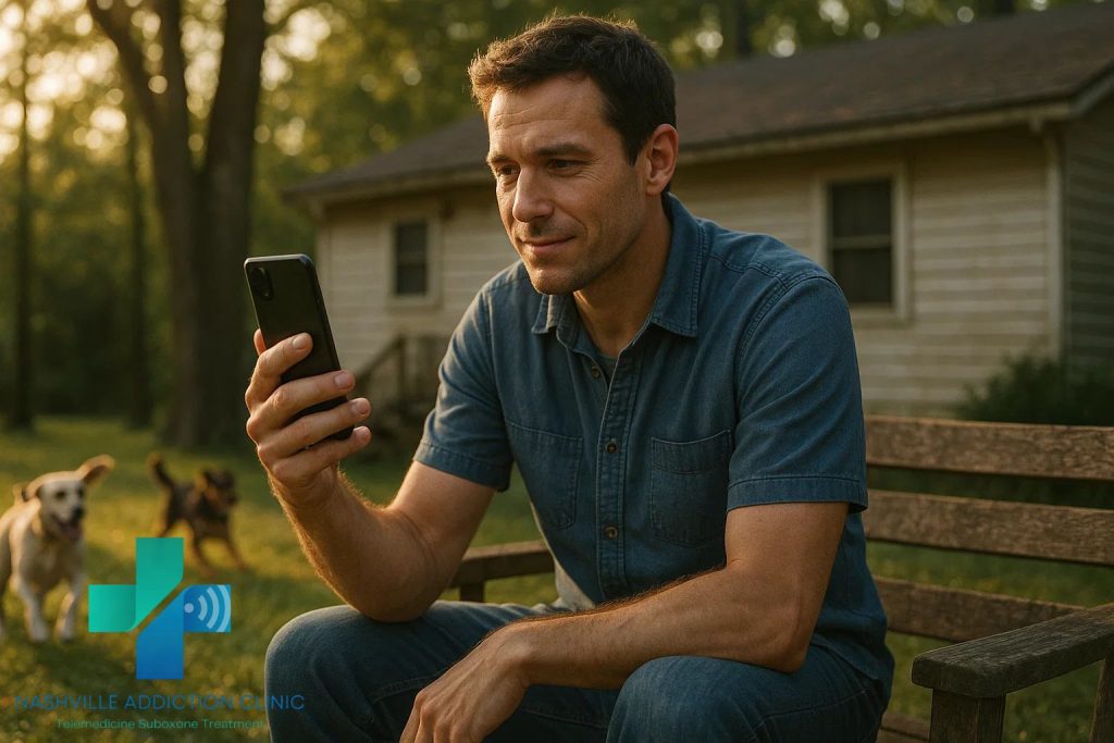 Man in rural Tennessee on a backyard bench having a Suboxone telehealth call, with dogs playing nearby, illustrating no insurance Suboxone options.