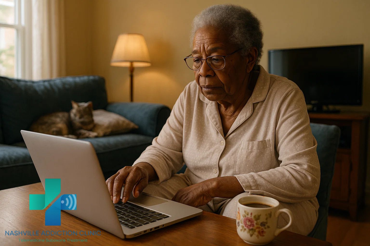 Elderly Black woman using her laptop at home during a telemedicine session with an online addiction doctor, with cat, coffee cup, and cozy living room details.