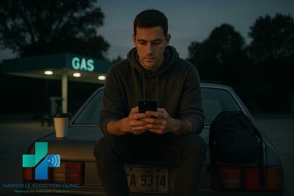 Man in his late 20s wearing a hoodie, sitting on a car trunk in a parking lot, holding a smartphone for an online Suboxone treatment session with a backpack and coffee cup nearby.