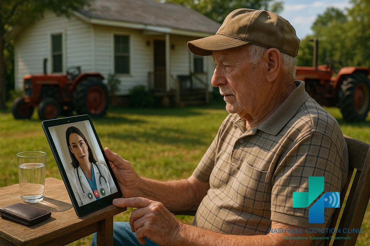 Older man in a Tennessee backyard on a telehealth call with an online Suboxone doctor, TennCare card and medication on the table beside him.