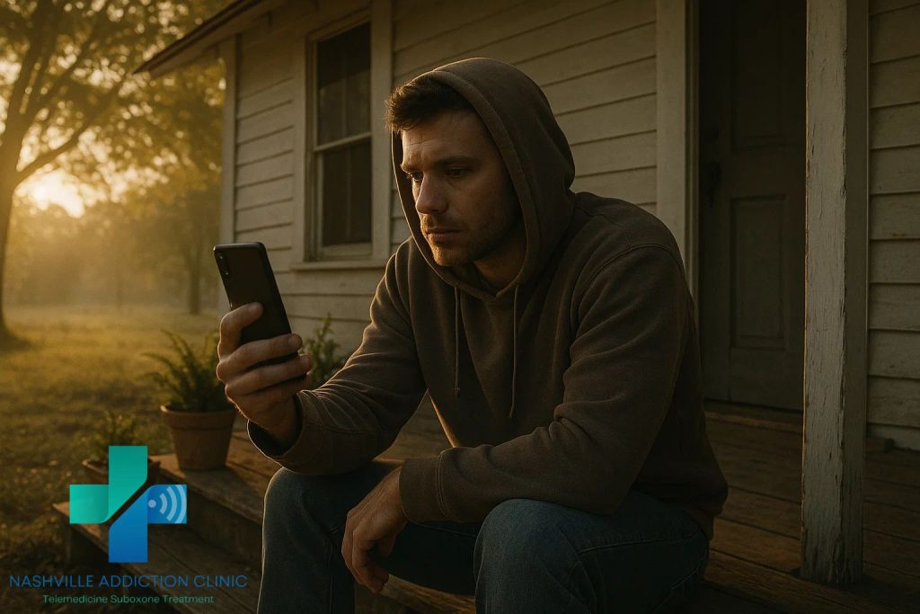 Young man in a hoodie on a rural Tennessee porch at sunrise during an online Suboxone telehealth appointment.