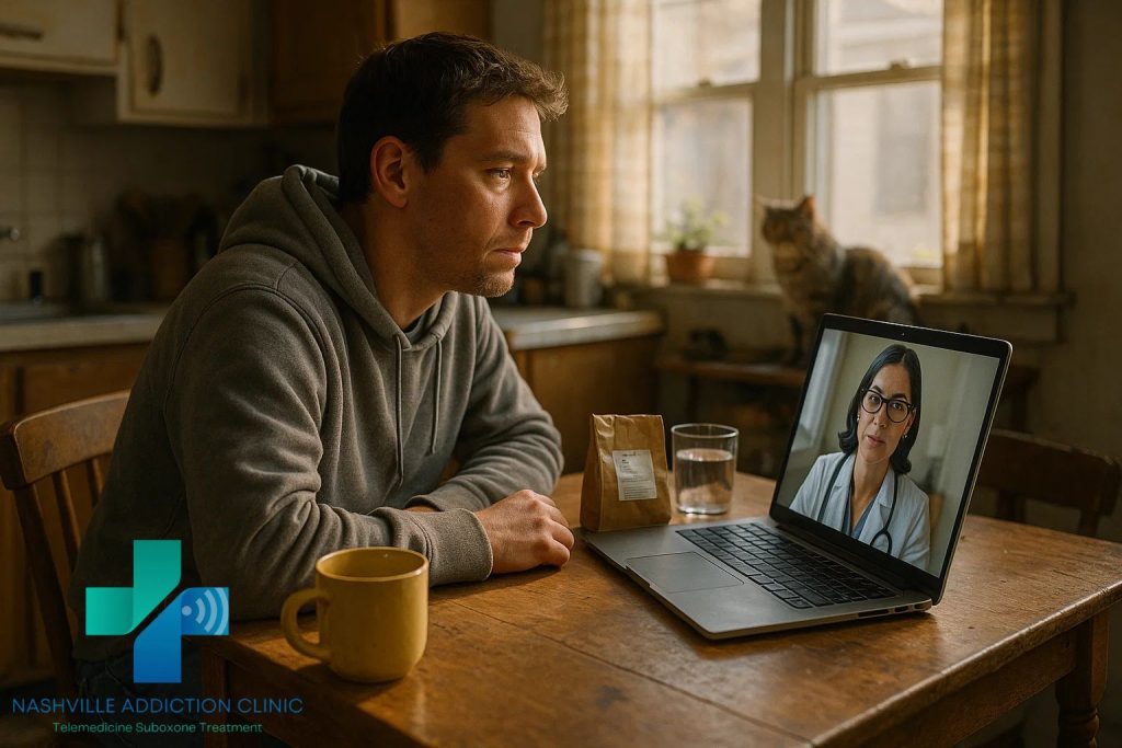 Parent at a kitchen table in Tennessee using telehealth for a same day MAT appointment, with a coffee mug, prescription bag, and cat nearby.