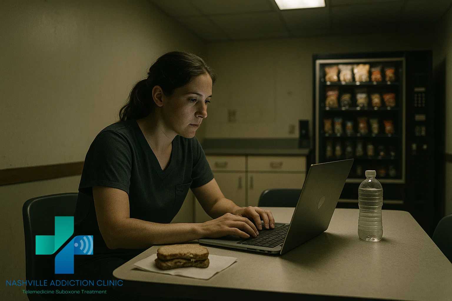 Young woman on laptop in workplace breakroom during late shift, starting same day Suboxone telehealth session.