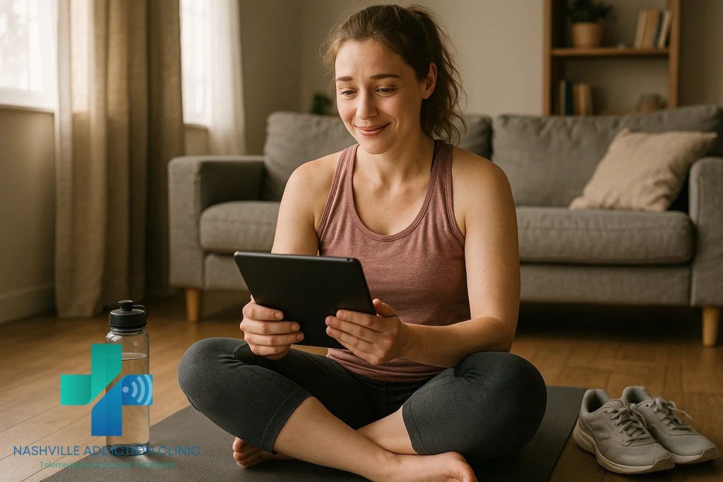 Young Tennessee woman on a yoga mat holding a tablet during a same day Suboxone online appointment, with morning light, water bottle, and sneakers nearby.