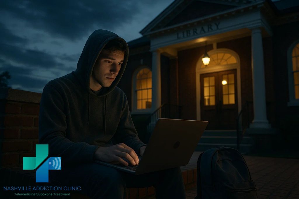 Young man on library steps at dusk in Tennessee using phone for same day Suboxone prescription telehealth session.