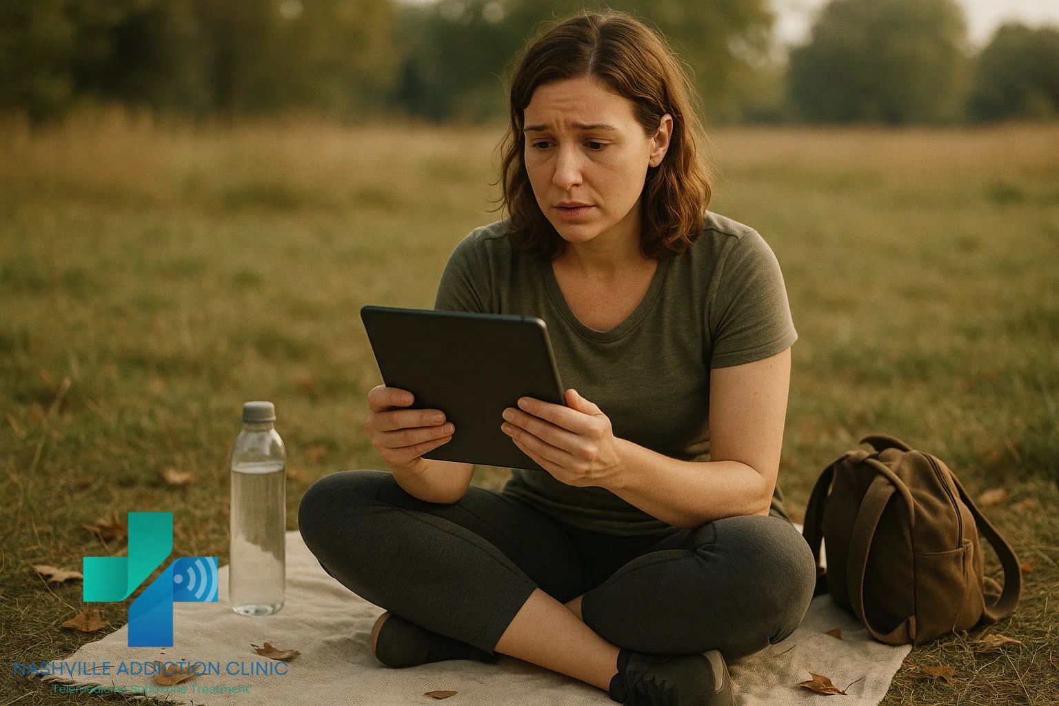 Woman in her 30s on a picnic mat in a grassy field using a tablet for a telehealth appointment to address signs of kratom addiction.