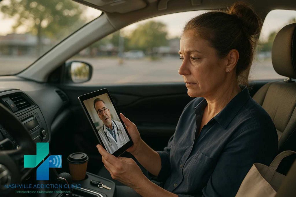 Middle-aged woman in her car using a tablet for a private virtual Suboxone session, symbolizing the convenience of starting Suboxone online in Tennessee.