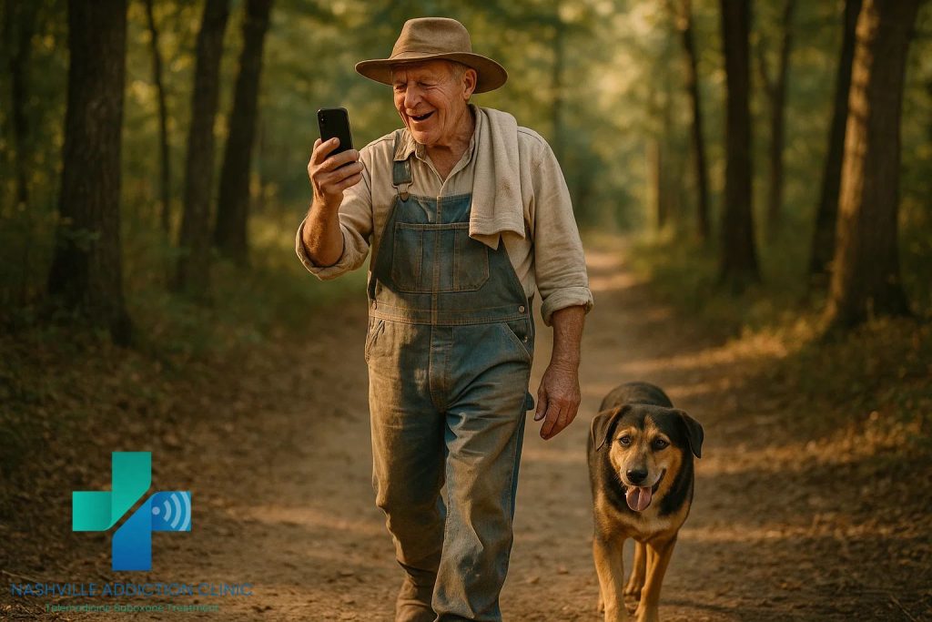 Elderly man in farm clothes walking with his dog on a wooded path in rural Tennessee, symbolizing affordable Suboxone clinic no insurance treatment.