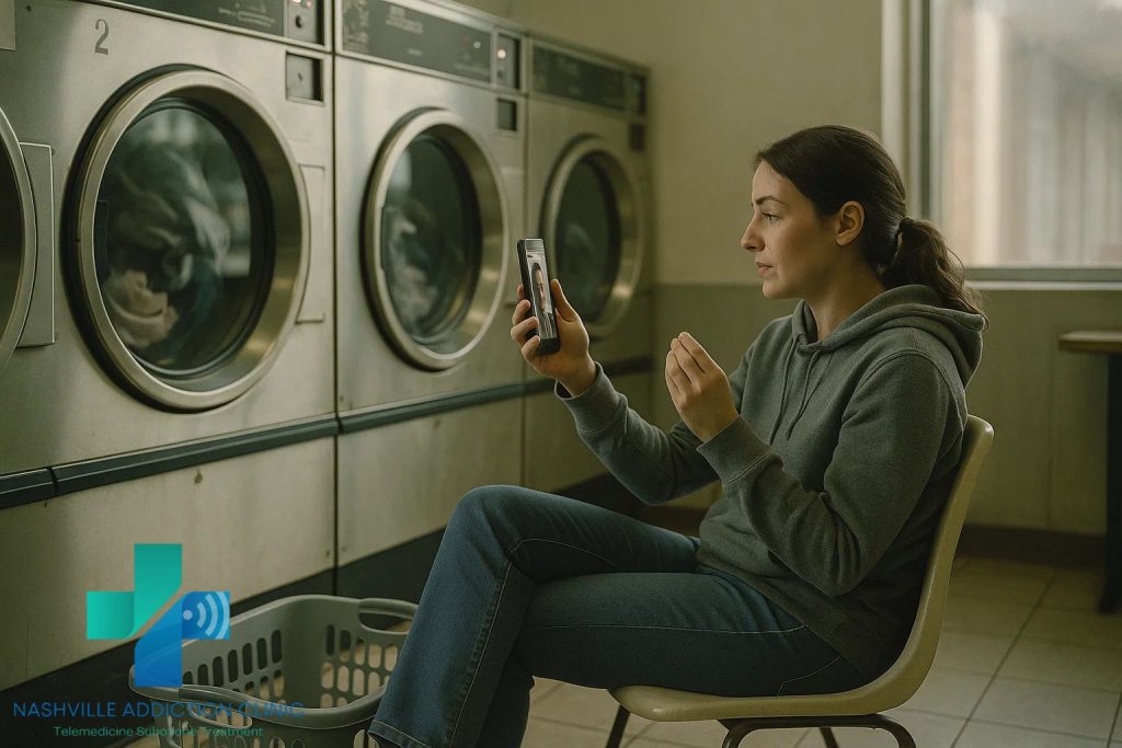 Woman in a Nashville laundromat using her phone for a Suboxone clinics online appointment while doing laundry.