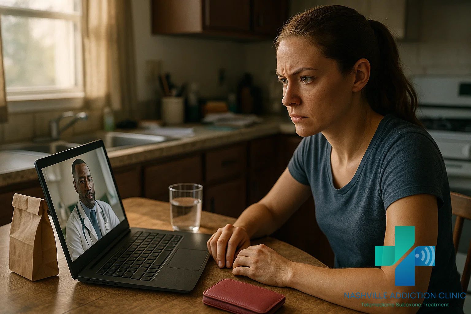 Young woman in Tennessee kitchen during a telehealth session, using Suboxone home delivery after her treatment.