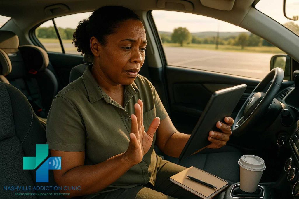Woman in rural Tennessee using telehealth in her car for Suboxone Medicaid TN treatment with coffee cup and notebook.