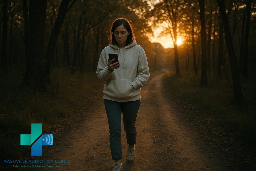 Young woman on a wooded path at sunset using her phone for a telehealth session with Suboxone online doctors.