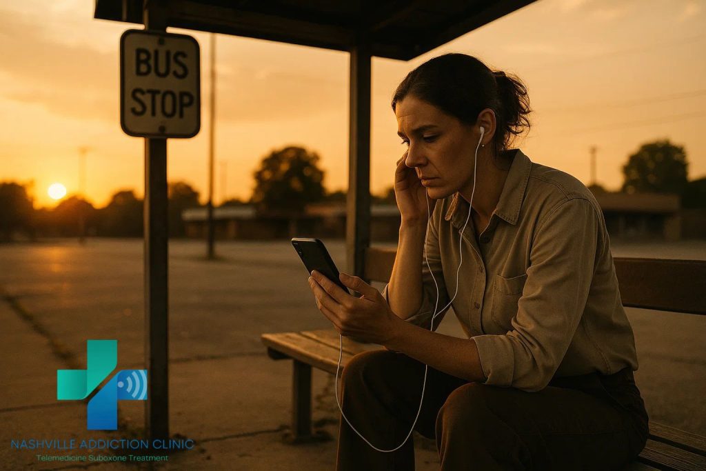 Young woman at a rural Tennessee bus stop during sunset on a Suboxone online same day telehealth call, symbolizing accessible recovery anywhere.
