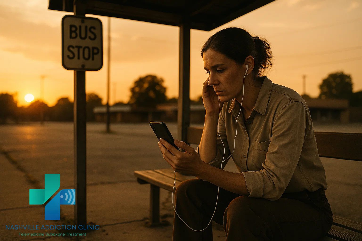 Young woman at a rural Tennessee bus stop during sunset on a Suboxone online same day telehealth call, symbolizing accessible recovery anywhere.
