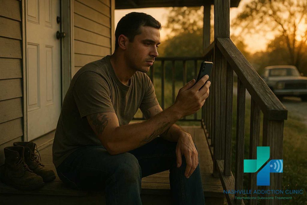 Tattooed man on a Tennessee porch using his smartphone for a Suboxone online treatment telehealth session with a sunset and pickup truck in view.