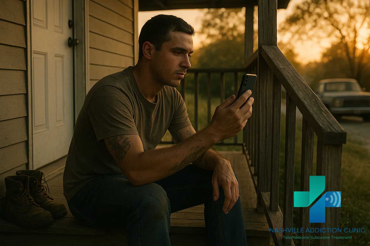 Tattooed man on a Tennessee porch using his smartphone for a Suboxone online treatment telehealth session with a sunset and pickup truck in view.