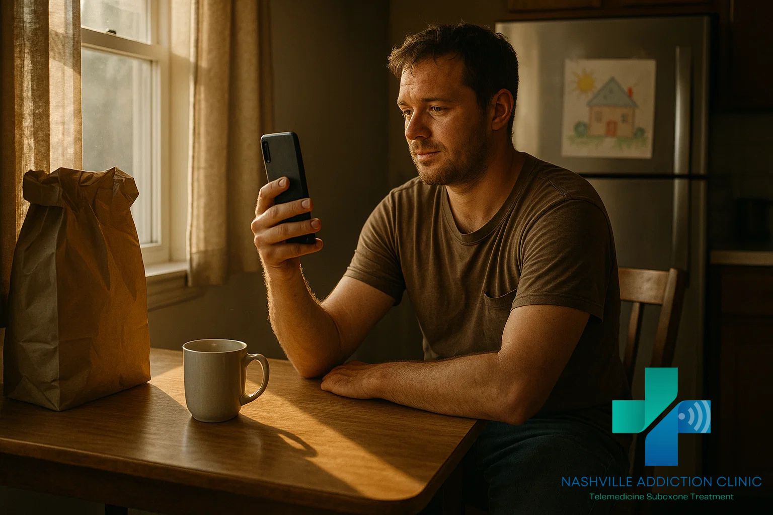 Young parent in Tennessee using a smartphone for a Suboxone prescription online telehealth visit at their kitchen table.