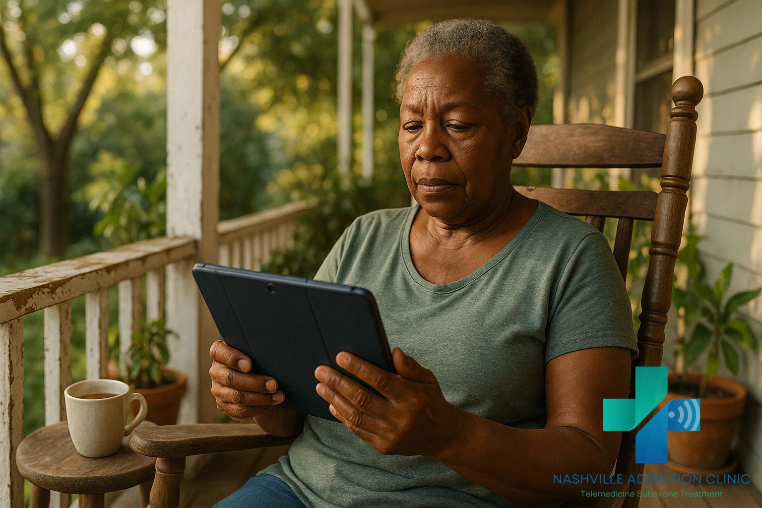 Older Black woman on her porch using a tablet for a Suboxone via telehealth appointment, symbolizing accessible and dignified online addiction treatment in Tennessee.