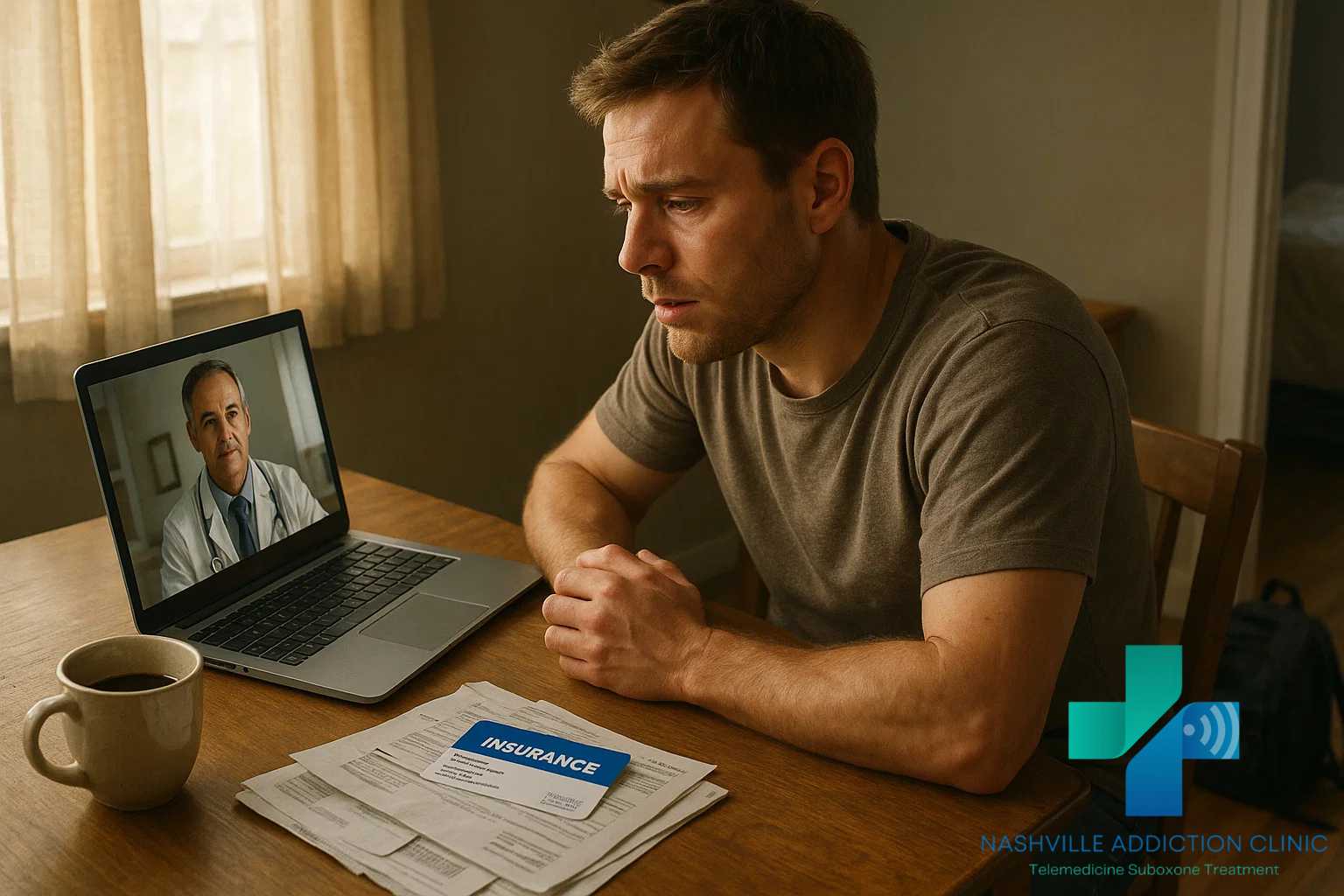 Young man at study table in Tennessee using laptop for Suboxone telehealth appointment, with insurance card and coffee mug nearby, sunlight streaming in.