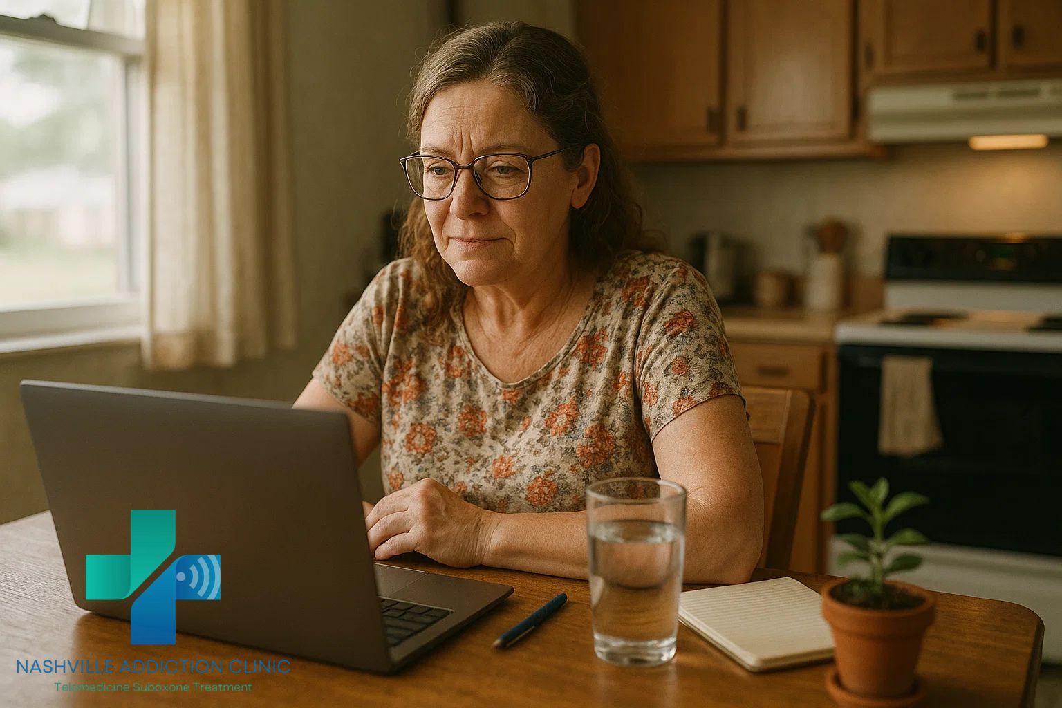 Woman in rural Tennessee at her kitchen table during a Suboxone telehealth session, seeking affordable recovery with no insurance.