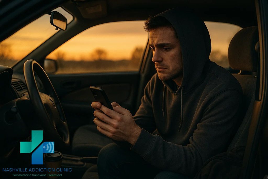 Man in hoodie using smartphone for telehealth appointment in parked car at sunset, seeking help for symptoms of kratom withdrawal.