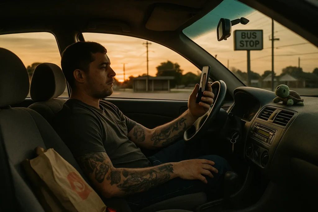 Man with tattoos in a parked car at sunset, engaged in a telehealth Suboxone therapy call on his smartphone.