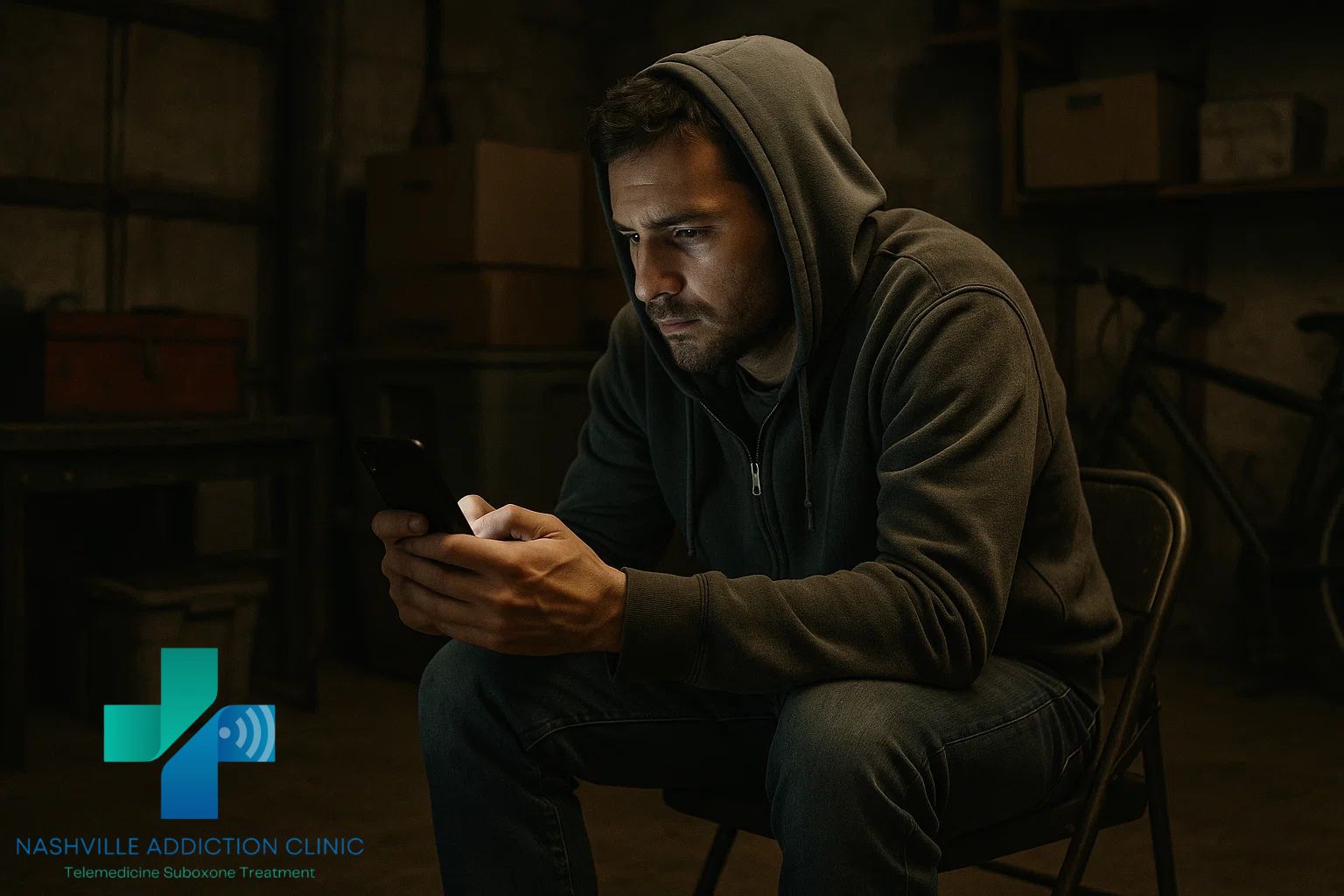 Man in his 30s sitting in a garage on a folding chair, focused on a telehealth appointment during kratom withdrawal.