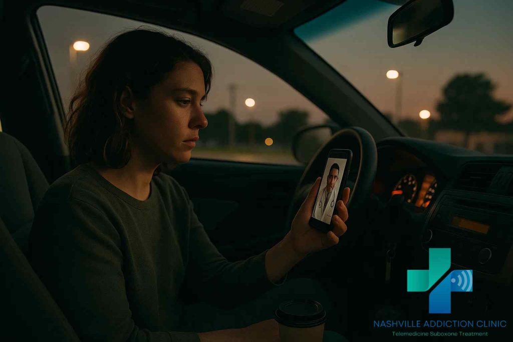 Young woman in a parked car at dusk on a telehealth call for Suboxone treatment, with coffee cup and dashboard lights visible.