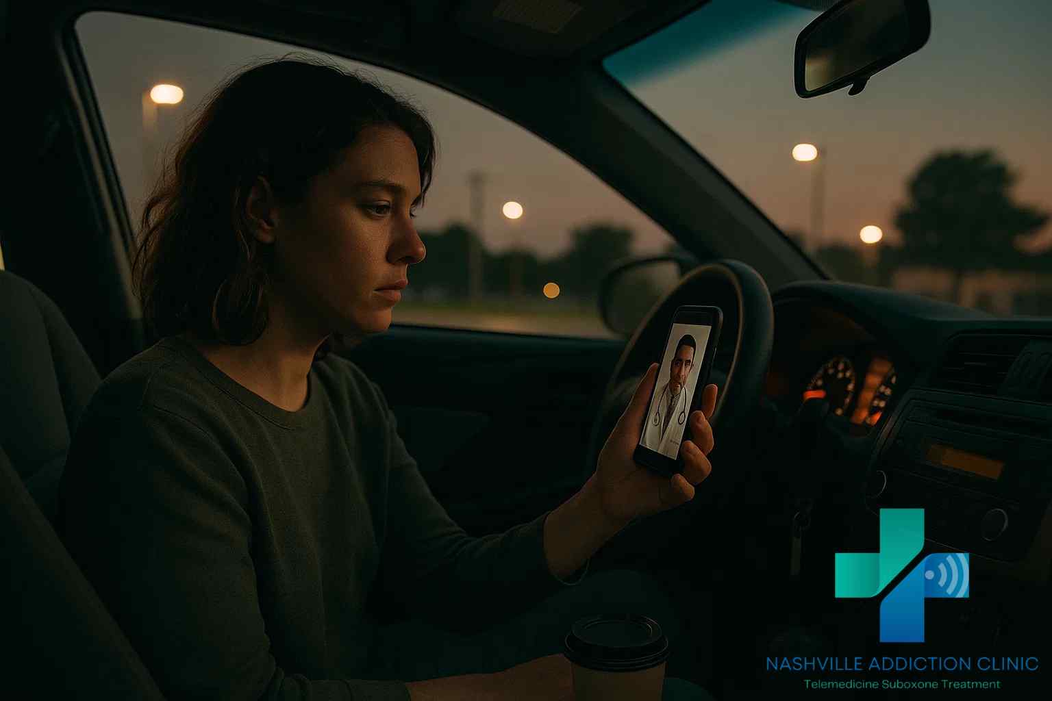 Young woman in a parked car at dusk on a telehealth call for Suboxone treatment, with coffee cup and dashboard lights visible.