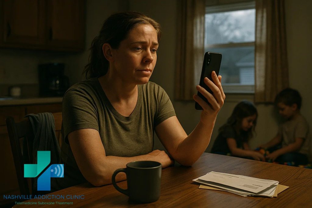Working mother in Tennessee on a virtual Suboxone appointment at her kitchen table while her children play in the background.